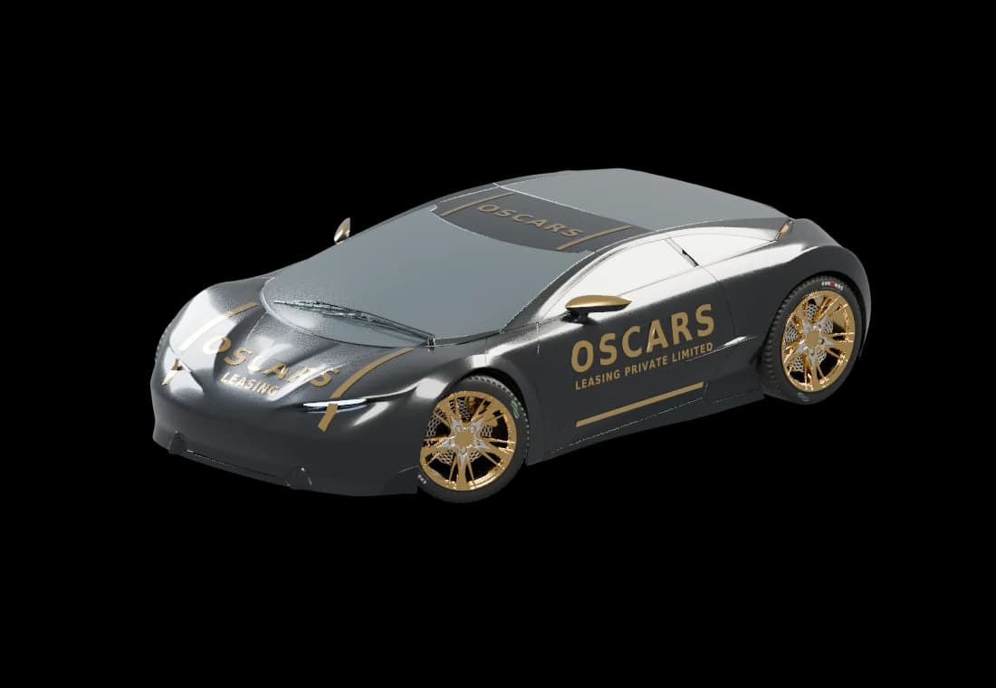 Gloss-black sports car with shiny chrome-gold OSCARS decals, racing stripes, and gold wheels